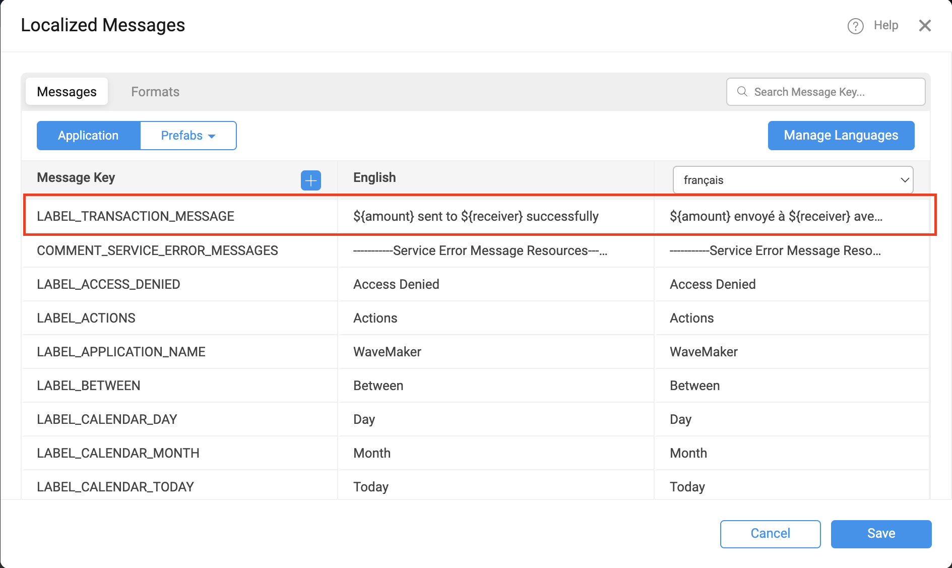 Localized Messages dialog